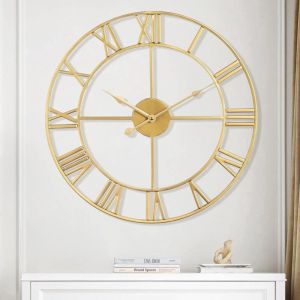 Or 40 cm horloges, Chiffres Romains Modernes Grandes horloges murales Horloge Murale silencieuse en m&eacute;tal Rond sans tic-tac pour Salon, Cuisine, Cham