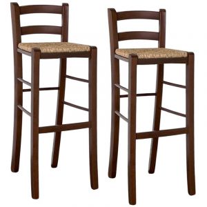 Haut tabouret de bar 2 en noyer foncé h 80 cm avec assise en paille