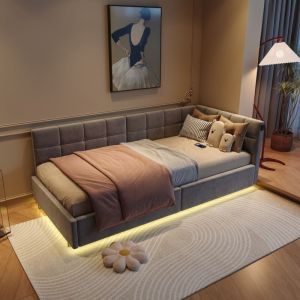 Lit rembourr&eacute; 90&times;200 cm,Canap&eacute;-lit,lit simple pour enfants,avec espace de rangement hydraulique,LED,sommier &agrave; lattes et t&ecirc;te de lit,gris