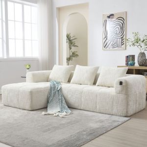 Canapé d'angle 3 places 250 × 158 × 60 cm, combinaison libre, 3 oreillers, tissu chenille, meuble de salon, beige