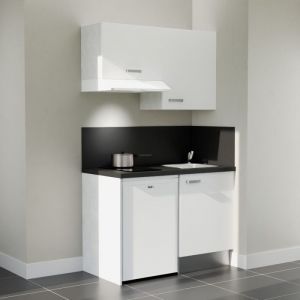 Kitchenette K01L-PT - 120 cm avec plan de travail et &eacute;vier, emplacements frigo et hotte - Fa&ccedil;ade Blanc - Plan Noir textur&eacute; - Evier Inox - Cr&eacute;dences
