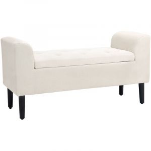 Banquette coffre de rangement 2 en 1 design Chesterfield assise capitonn&eacute;e accoudoirs courb&eacute;s pieds effil&eacute;s bois d'h&eacute;v&eacute;a aspect lin blanc cass&eacute;