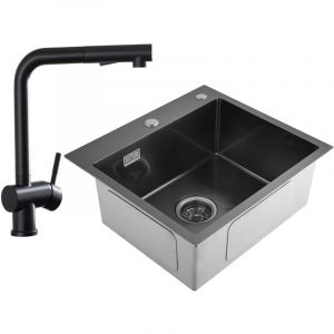 Cecipa - 2 en 1 Évier de Cuisine Noir gris 1 Bac avec Siphon et Trop-Plein + Robinet de Cuisine Extractible Noir avec Douchette Bec Rotatif