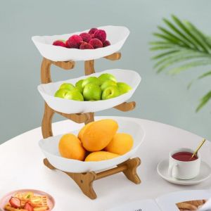 Triple plateau &agrave; fruits en plastique blanc Grand bol &agrave; d&icirc;ner &agrave; 3 &eacute;tages avec plateau Party Snack Dessert Cake Stand Fruit Bowl