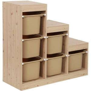 Meuble de rangement enfant escalier 6 bacs de rangement d&eacute;cor bois naturel et beige - Sora