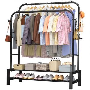 Porte-v&ecirc;tements &agrave; double tige Portant LOEFME, 110 x 40 x 160 cm V&ecirc;tements Penderie Cintre Tiges avec 4 crochets, avec &eacute;tag&egrave;re de Rangement