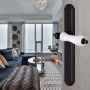 Ouvre&D&eacute;co - 2 poign&eacute;es de porte BELLEVILLE sans trou, b&eacute;quille Porcelaine blanc entraxe 195 mm