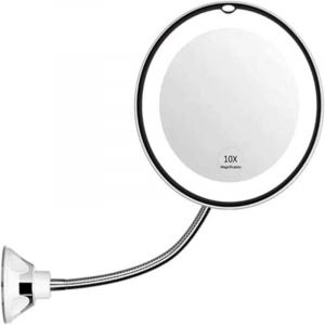 Miroir de maquillage avec lumière LED, miroir grossissant 10x avec 14 LED, col de cygne 360° et ventouse, miroir cosmétique pliable flexible pour