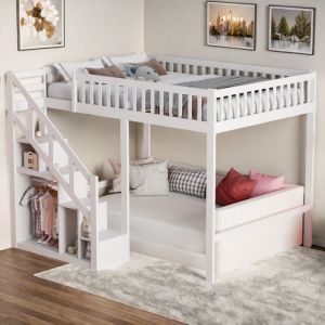 Lit mezzanine enfant 140x200cm,Lit superpose 2 places avec Escalier rangements, placard de rangement, protection antichute et barreaux, sommier &agrave;