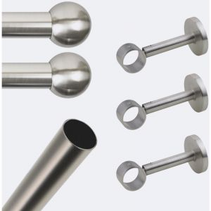 Kit de tringle &agrave; rideaux Nickel Mat 250cm Diam.28mm Embout Boule - Fixation Mur - Boulet