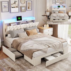 Lit adult 140x190 avec tiroirs,lit 140x190,lit capitonné,avec rangement tête de lit, tête de lit ouverte,chargement USB,LED réglable,velours,beige