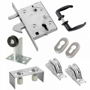 Kit complet portail coulissant roues acier gorge en U &Oslash;80x16mm &ndash; Charge max 655kg &ndash; Serrure &agrave; crochet encastrable &ndash; Plaque guide incluse &ndash; Estebro