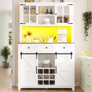 Meuble de cuisine, buffet haut avec éclairage led, plusieurs compartiments de rangement, 3 tiroirs et 2 portes, étagères réglables, 105×38,4×180 cm,