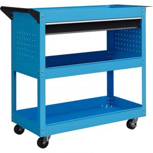 Chariot d'atelier servante atelier &agrave; 3 niveaux avec tiroir, porte-outils lat&eacute;ral et poign&eacute;e, 82x35x76 cm, bleu