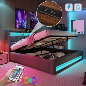 Lit coffre 160x200 cm, lit adulte avec usb et led, lit double capitonné, Bois+Métal+Lin, sans matelas, gris