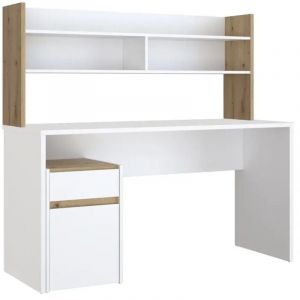 Bureau et surmeuble 140 cm blanc mat et décor bois de chêne - ODYSSÉE