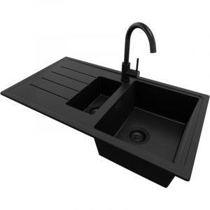 Evier Cuisine en Granit 90x50cm, Lavabo 1,5 bacs + Robinet 32x20cm + Kit de Vidage, Évier à Encastrer au meuble 60cm - Copenhague Duo, Tout Noir