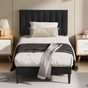 Lit adulte 90&times;200cm ,Cadre de lit simple ,lit complet avec t&ecirc;te de lit rembourr&eacute;e r&eacute;glable, sommier &agrave; lattes inclus,noir