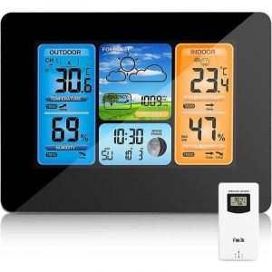 Station Météo sans Fil Station Météo à Prévision Numérique des Couleurs avec Alerte et Température/Humidité/Baromètre/Alarme/Horloge Lunaire/Météo