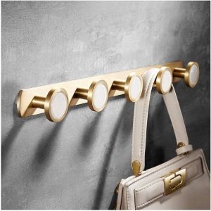 Pat&egrave;re Murale avec 5 Ronde Crochets Porte Manteau en Laiton Or Bross&eacute; Crochets Muraux, Porte-Serviette, Pat&egrave;re &agrave; Crochets pour Salle de Bain, Salon,
