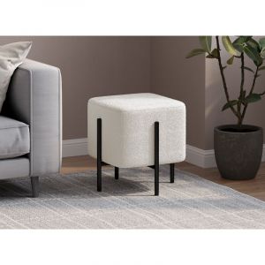 Pouf carré en tissu bouclette blanc écru et pieds en métal noir cubic