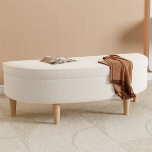 Banc rembourré, Banc de lit, banc de piano, avec espace de rangement, pied en bois, imitation non-tissé, pin + mdf, Blanc