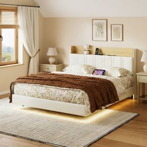 Lit adulte 140x200 cm, lit double avec t&ecirc;te de lit rangement, lit flottant avec LED et 2 ports USB, sommier &agrave; lattes en bois, style scandinave, PU,