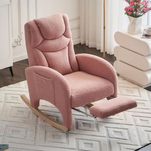 Hauss Spole - Rocking chair, Fauteuil à bascule, fauteuil relax rembourré avec repose-pieds, chaise de salon, tissu Teddy, charge 110 kg, rose