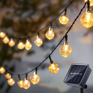 Guirlande lumineuse solaire, petite boule de cristal, guirlande lumineuse d'extérieur 20 led 5 mètres 8 modes d'éclairage (lumière chaude)