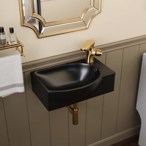 Deervalley &ndash; Vasque lave mains murale 305&times;240 mm &ndash; C&eacute;ramique noire mate &ndash; Cuve &agrave; gauche avec trou robinet &ndash; Design compact pour petits espaces