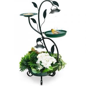 Abreuvoir Oiseaux Énergie Solaire 83CM, Bain d'Oiseaux et Mangeoire sur Pied avec Support pour Fleurs et 2 Lumières led, Décoratif avec Feuilles pour