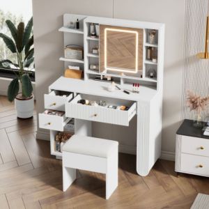 Coiffeuse blanche avec 3 tiroirs, étagères ouvertes, tabouret, miroir à luminosité réglable