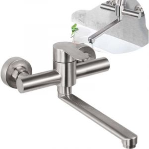 Robinet Mural Cuisine, Mitigeur Mural Inoxydable, Pivotant &agrave; 360&deg; pour &Eacute;vier de Cuisine, Eau Chaude et Froide, Trous de Montage R&eacute;glables, Bras