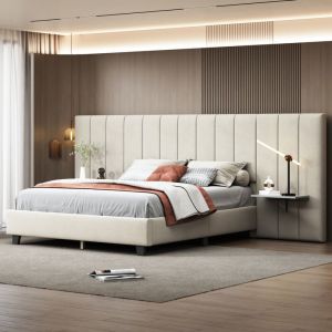 Modfu - Lits doubles pour adultes 160x200cm avec tête de lit et dossier allongés, avec étagère, sans matelas, velours, beige