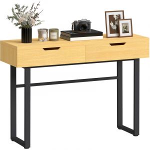 Console meuble 120 cm, table console &eacute;troite avec 2 tiroirs, cadre en m&eacute;tal et design sans poign&eacute;es, bois naturel