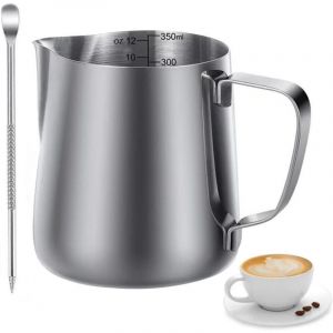 350ml Pot à lait en Inox,12 oz Pichet à Mousseur avec Mousser le Lait Tasse a Cafe avec Marque de Mesure,Pichet Lait Main Levée pour Expresso,Latte