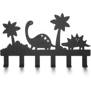 TOJ Living Porte-manteau mural enfant 6 crochets &ndash; Pat&egrave;re enfant &ndash; Motif dinosaure / jungle &ndash; Acier inoxydable &ndash; 40 cm &ndash; noir mat
