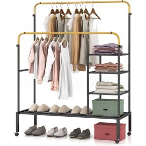 Costway - Portant à Vêtements Roulettes, 2 Tringles Réglables en 3 Hauteurs, Portant Vetement Solide avec 3 Étagère, Porte-chaussures, Penderie