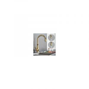 Robinet Cuisine avec Douchette dore Laiton,Extensible Robinetterie évier 360° Pivotant Ressort en Spirale Mitigeur Cuisine Avec 2 Modes, Mitigeur
