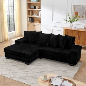 Canap&eacute; d'angle 4 places en L,Velours c&ocirc;tel&eacute; classique,Pieds en plastique renforc&eacute;,Design modulaire,6 Coussins inclus,Noir