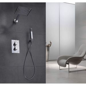 Ensemble de douche thermostatique encastr&eacute; Elbe en acier inoxydable 304 et laiton avec thermostat, syst&egrave;me de douche &agrave; 3 fonctions, finition chrom&eacute;e,