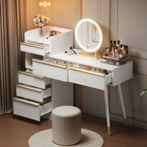 Coiffeuse blanche avec 6 tiroirs, poign&eacute;es dor&eacute;es, miroir lumineux LED &agrave; intensit&eacute; variable, plateau r&eacute;tractable, sans tabouret