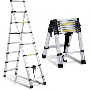 Randaco Echelle t&eacute;lescopique articul&eacute;e 2,0 +1,7m, escabeau 5x6 marches pliable professionnel multifonction