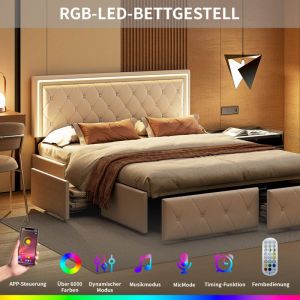 Lit capitonné 160 x 200 cm, recharge usb, tête de lit led, 4 tiroirs, lit double, lit coffre, cadre de lit jeune, sommier à lattes en bois, sans