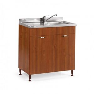 Base sous &eacute;vier de cuisine 80x50x85 cm en bois de noyer antique avec deux portes et &eacute;vier avec une seule baignoire - Adige