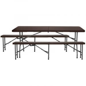Table pliante avec 2 bancs 180cm Effet Rotin Traiteur 7house