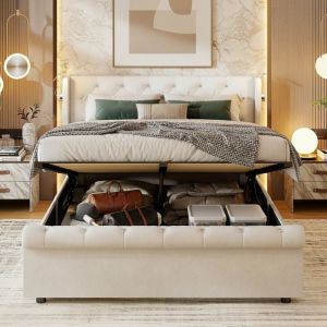 Lit Coffre 160x200 cm Double en Velours Beige - T&ecirc;te de Lit Capitonn&eacute;e avec 2 Lampes de Lecture LED & USB - Sommier Relevable &agrave; Gaz Inclus