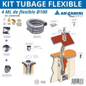 AN CAMINI Kit de tubage flexible inox &ndash; &Oslash;100 mm &ndash; 4 m&egrave;tres &ndash; avec plaque de finition, chapeau chinois et raccord &agrave; visser