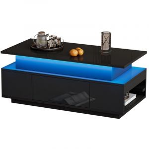 Table basse relevable-avec rangement et tiroir-Tableau LED-laque brillant-noire-96x45x40cm