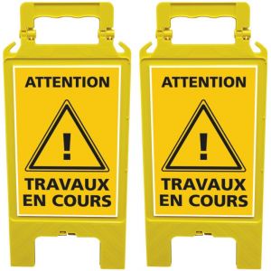 Lot de 2 chevalets attention travaux en cours, Balise de signalisation travaux - Chevalet jaune